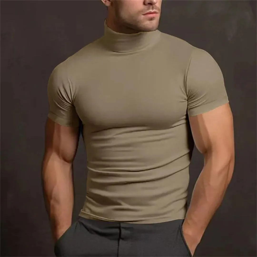 Men's Sport Mock Neck Short Sleeve Compression T-Shirt Quick Dry Elastic Tight Tee