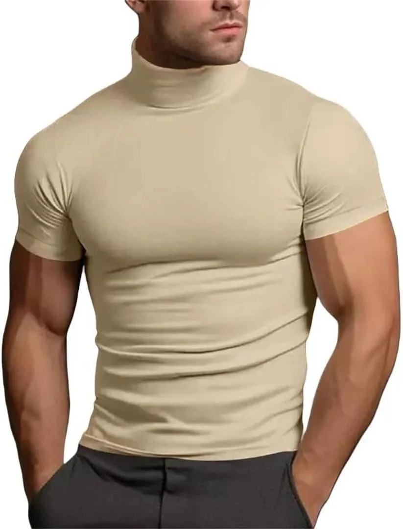 Men's Sport Mock Neck Short Sleeve Compression T-Shirt Quick Dry Elastic Tight Tee