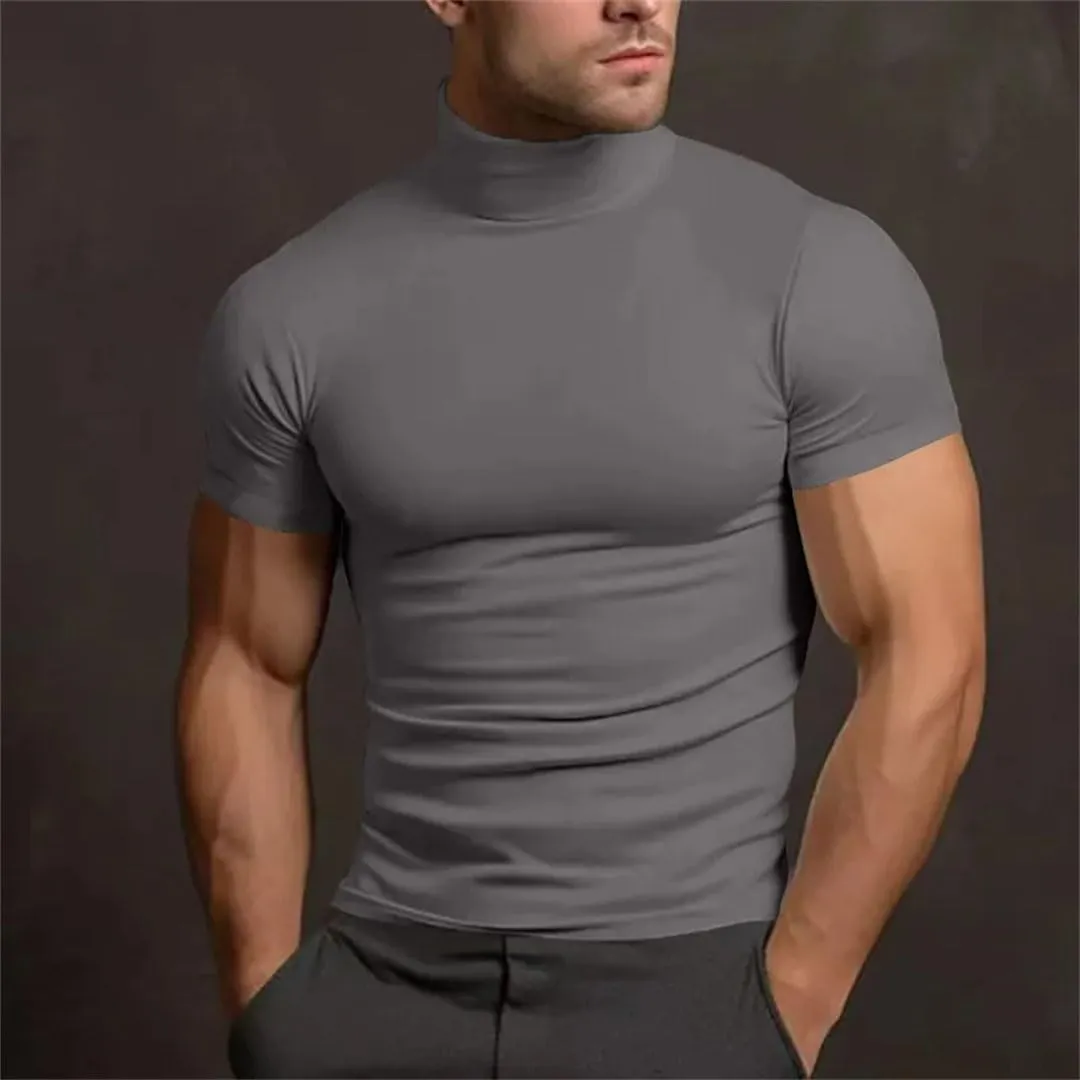 Men's Sport Mock Neck Short Sleeve Compression T-Shirt Quick Dry Elastic Tight Tee