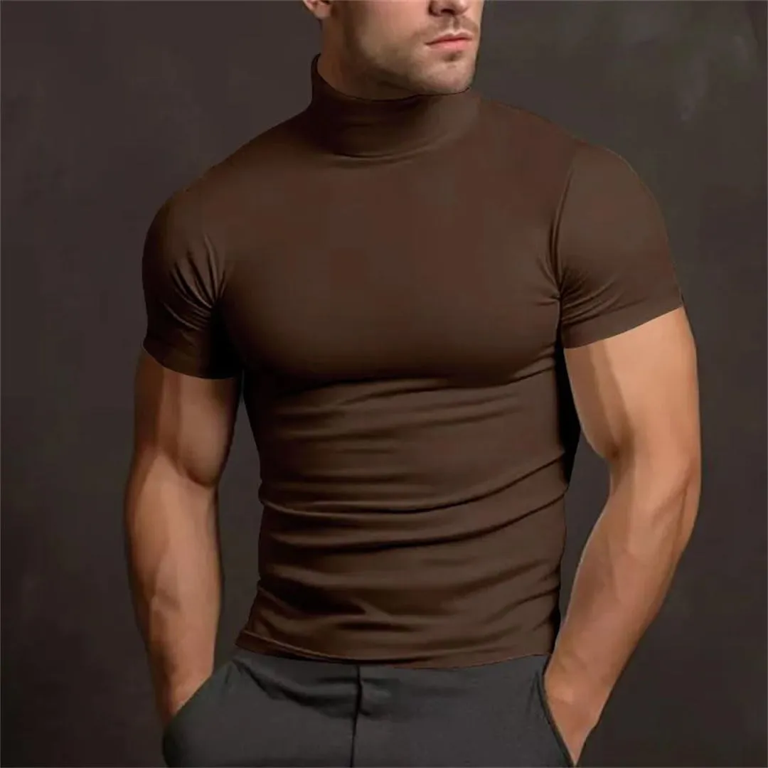 Men's Sport Mock Neck Short Sleeve Compression T-Shirt Quick Dry Elastic Tight Tee