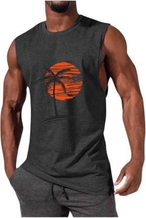 Mens Summer Beach Tank Top Hawaiian Palm Tree Print Sleeveless Muscle Basic Tee Vacation Tops