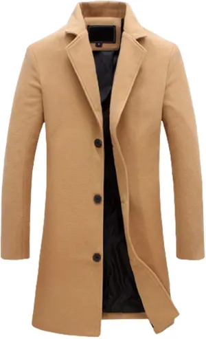 Men's Trench Coat Slim Fit Notch Lapel Single Breasted Top Coat Winter Warm Cotton Business Long Jacket Overcoat
