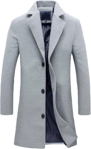Men's Trench Coat Slim Fit Notch Lapel Single Breasted Top Coat Winter Warm Cotton Business Long Jacket Overcoat
