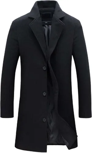 Men's Trench Coat Slim Fit Notch Lapel Single Breasted Top Coat Winter Warm Cotton Business Long Jacket Overcoat