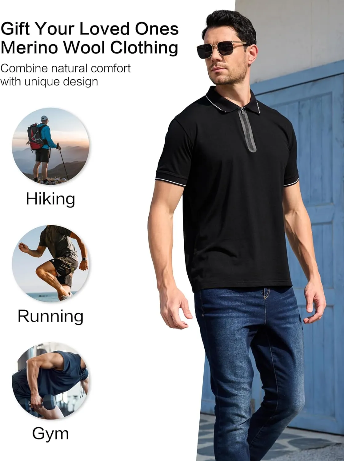 Merino Wool Polo Shirts for Men for Work Sport, Lightweight Breathable Moisture Wicking Mens Polo Shirt Short Sleeve