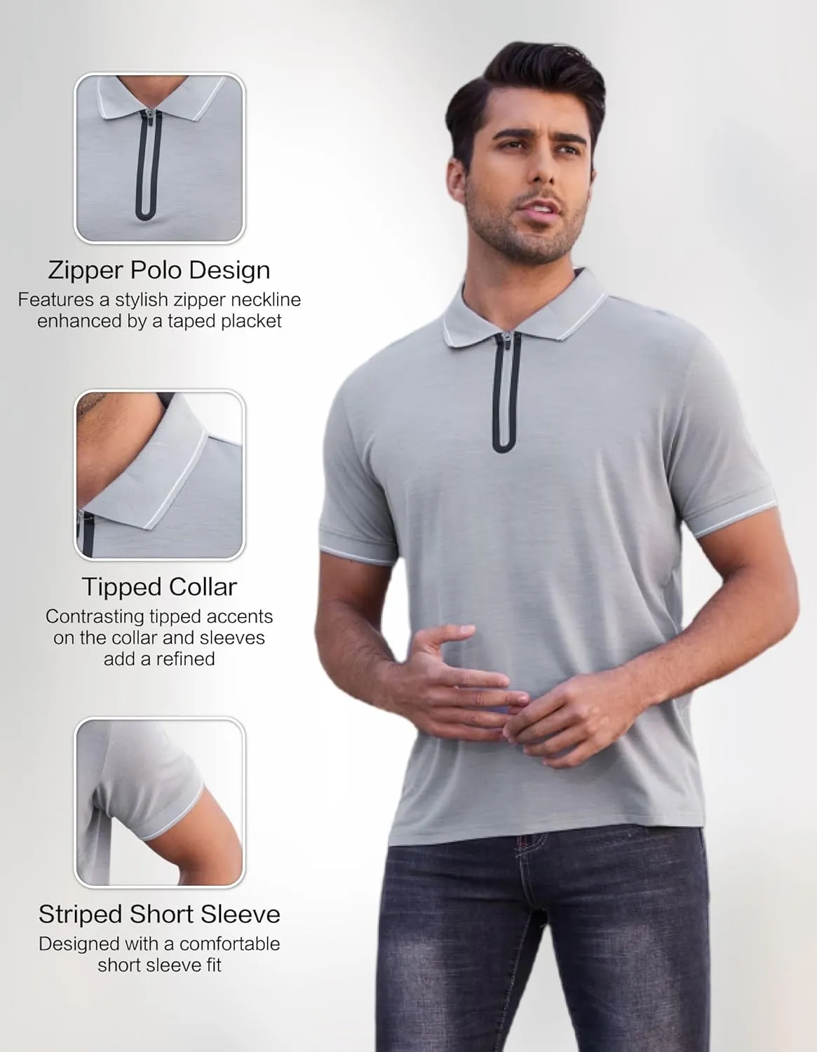 Merino Wool Polo Shirts for Men for Work Sport, Lightweight Breathable Moisture Wicking Mens Polo Shirt Short Sleeve