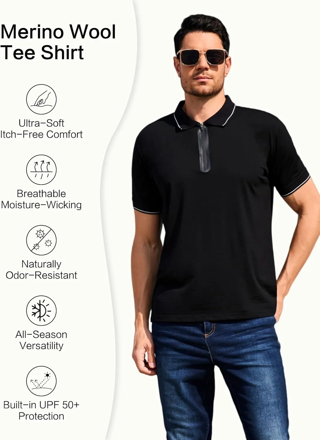 Merino Wool Polo Shirts for Men for Work Sport, Lightweight Breathable Moisture Wicking Mens Polo Shirt Short Sleeve