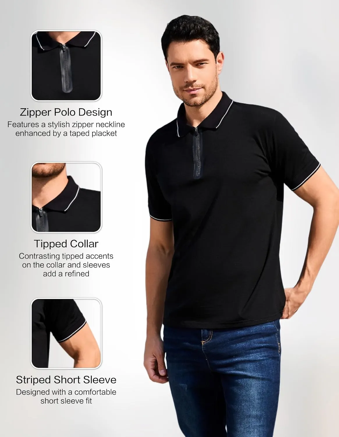 Merino Wool Polo Shirts for Men for Work Sport, Lightweight Breathable Moisture Wicking Mens Polo Shirt Short Sleeve