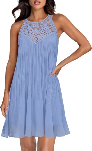 Mini Dresses for Women Summer Round Neck Sleeveless Tank Dress Trendy Loose Hollow Out Pleated Hem Beach Sundress