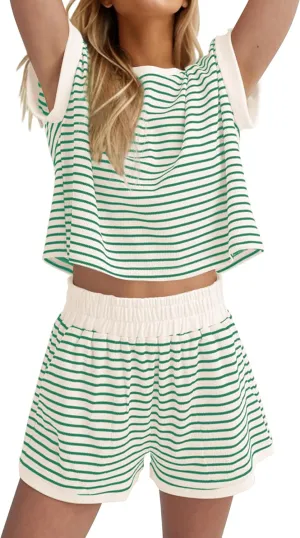 MISSACTIVER 2 Piece Lounge Set Women Stripe Knit Short Sleeve Tee Shirts Shorts Casual Summer Loungewear Shorts Sets