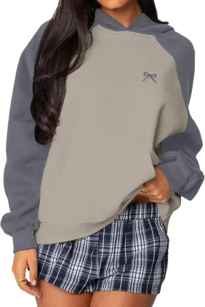 MISSACTIVER Women Bow Graphic Sweatshirt Color Block Pullover Hoodie Fall Fashion Oversized Hooded Sweatshirt Tops