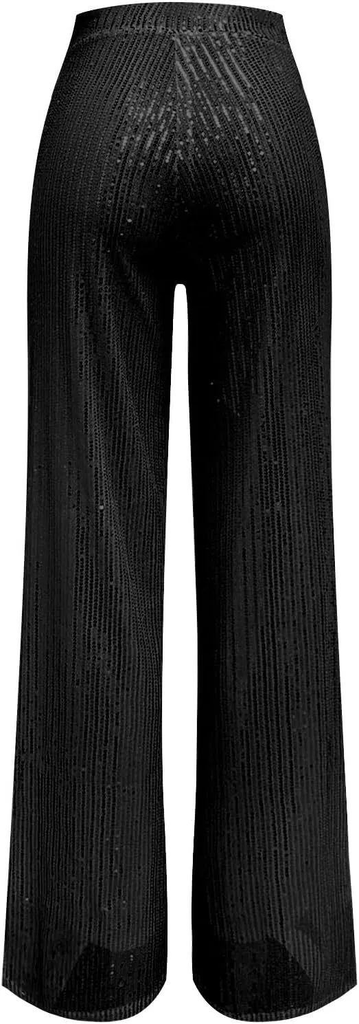 Miyaomn Women's Sparkle Sequin Palazzo Pants Wide Leg High Waisted Bling Glitter Pants Fashion Party Dance Nightclub Trousers