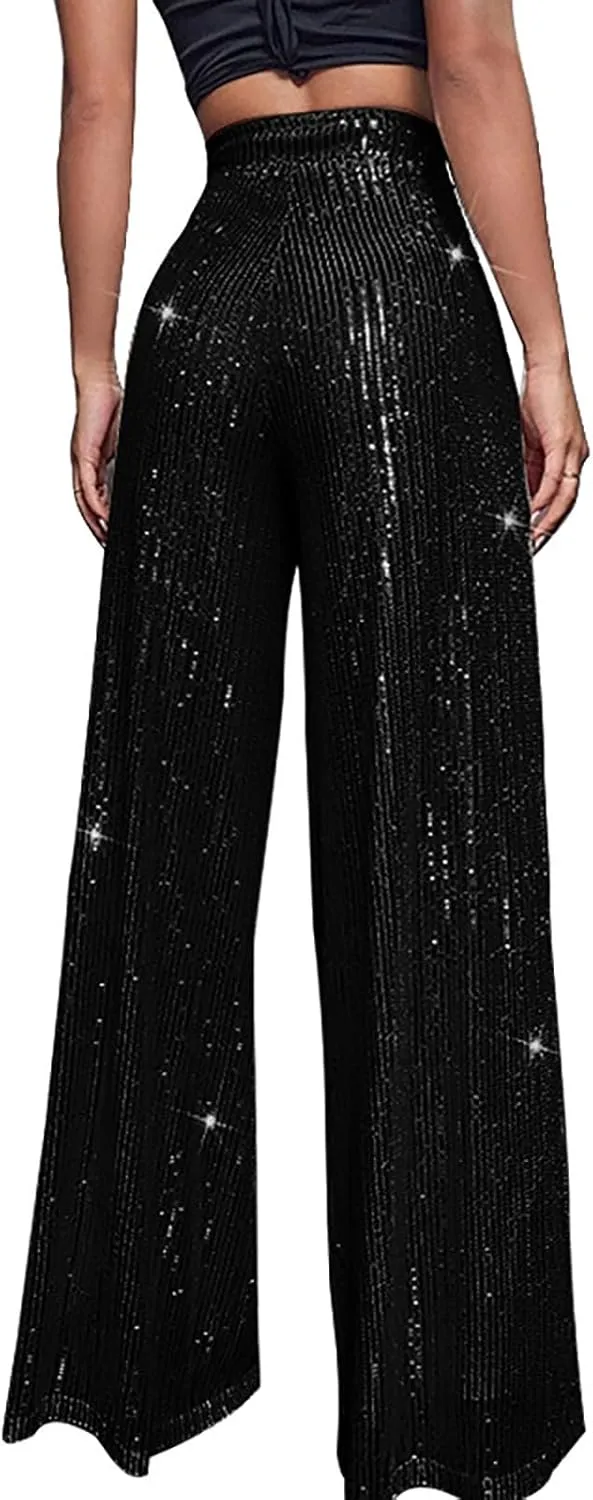 Miyaomn Women's Sparkle Sequin Palazzo Pants Wide Leg High Waisted Bling Glitter Pants Fashion Party Dance Nightclub Trousers