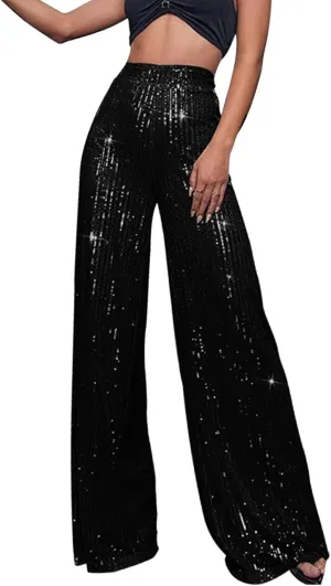 Miyaomn Women's Sparkle Sequin Palazzo Pants Wide Leg High Waisted Bling Glitter Pants Fashion Party Dance Nightclub Trousers