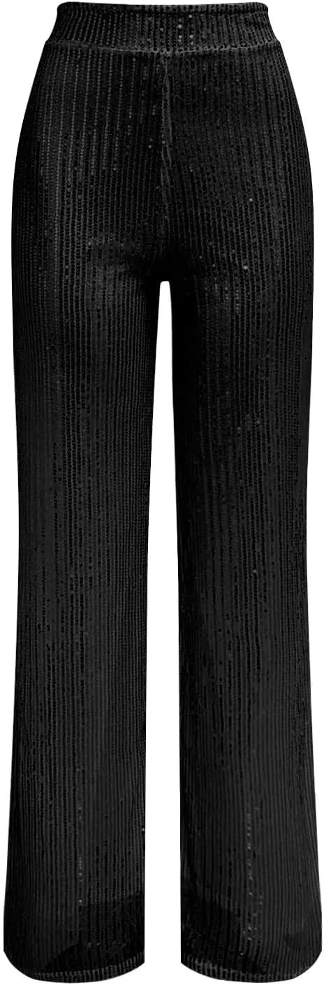 Miyaomn Women's Sparkle Sequin Palazzo Pants Wide Leg High Waisted Bling Glitter Pants Fashion Party Dance Nightclub Trousers