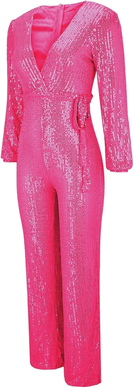 Miyaomn Women's Sparkly Sequin Jumpsuits Sexy V-Neck Long Sleeve High Waisted Wide Leg Pants with Belt Rompers Party Clubwear