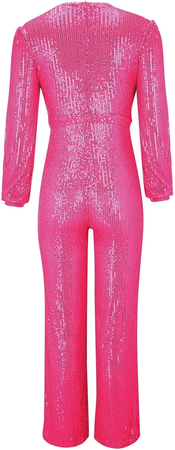 Miyaomn Women's Sparkly Sequin Jumpsuits Sexy V-Neck Long Sleeve High Waisted Wide Leg Pants with Belt Rompers Party Clubwear