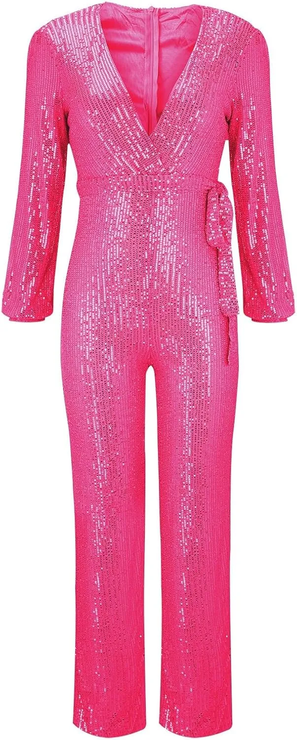 Miyaomn Women's Sparkly Sequin Jumpsuits Sexy V-Neck Long Sleeve High Waisted Wide Leg Pants with Belt Rompers Party Clubwear
