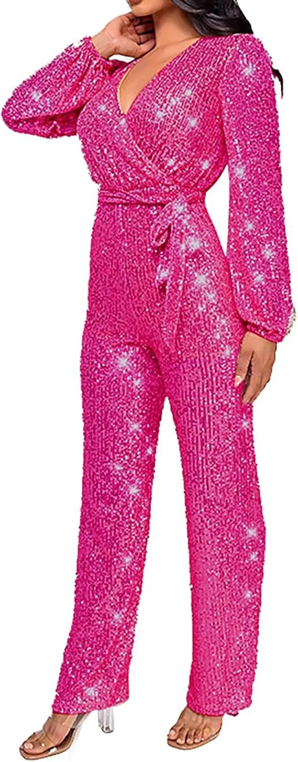 Miyaomn Women's Sparkly Sequin Jumpsuits Sexy V-Neck Long Sleeve High Waisted Wide Leg Pants with Belt Rompers Party Clubwear