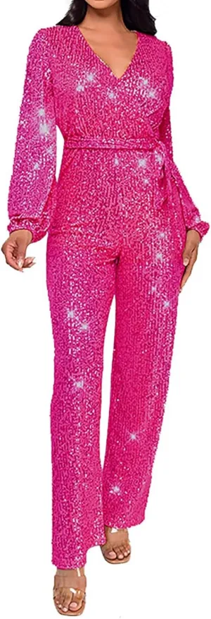 Miyaomn Women's Sparkly Sequin Jumpsuits Sexy V-Neck Long Sleeve High Waisted Wide Leg Pants with Belt Rompers Party Clubwear