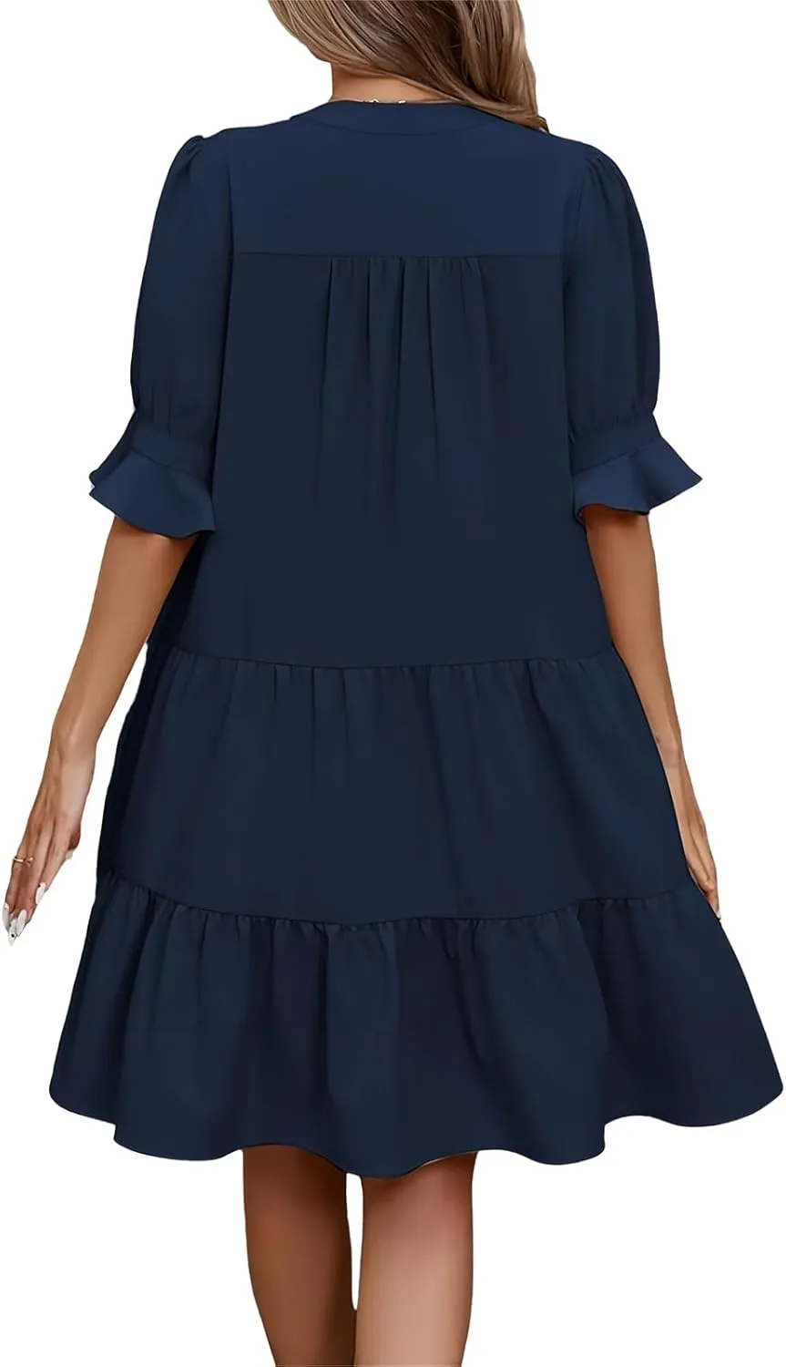 Mmoneyake Women's Summer Dresses Short Sleeve V Neck Ruffle Tiered Flowy Boho Beach Dresses Swing A Line Babydoll Mini Dress