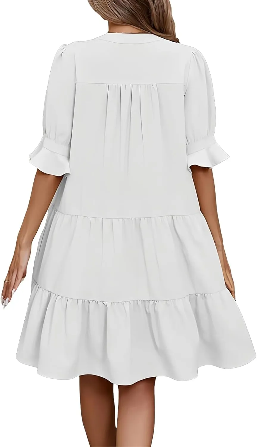 Mmoneyake Women's Summer Dresses Short Sleeve V Neck Ruffle Tiered Flowy Boho Beach Dresses Swing A Line Babydoll Mini Dress