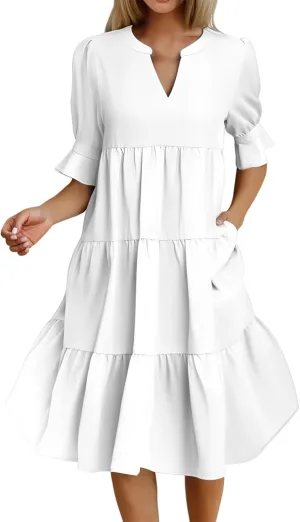 Mmoneyake Women's Summer Dresses Short Sleeve V Neck Ruffle Tiered Flowy Boho Beach Dresses Swing A Line Babydoll Mini Dress