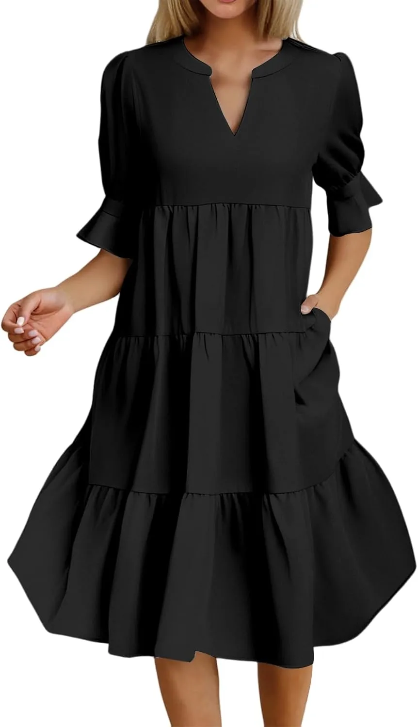 Mmoneyake Women's Summer Dresses Short Sleeve V Neck Ruffle Tiered Flowy Boho Beach Dresses Swing A Line Babydoll Mini Dress