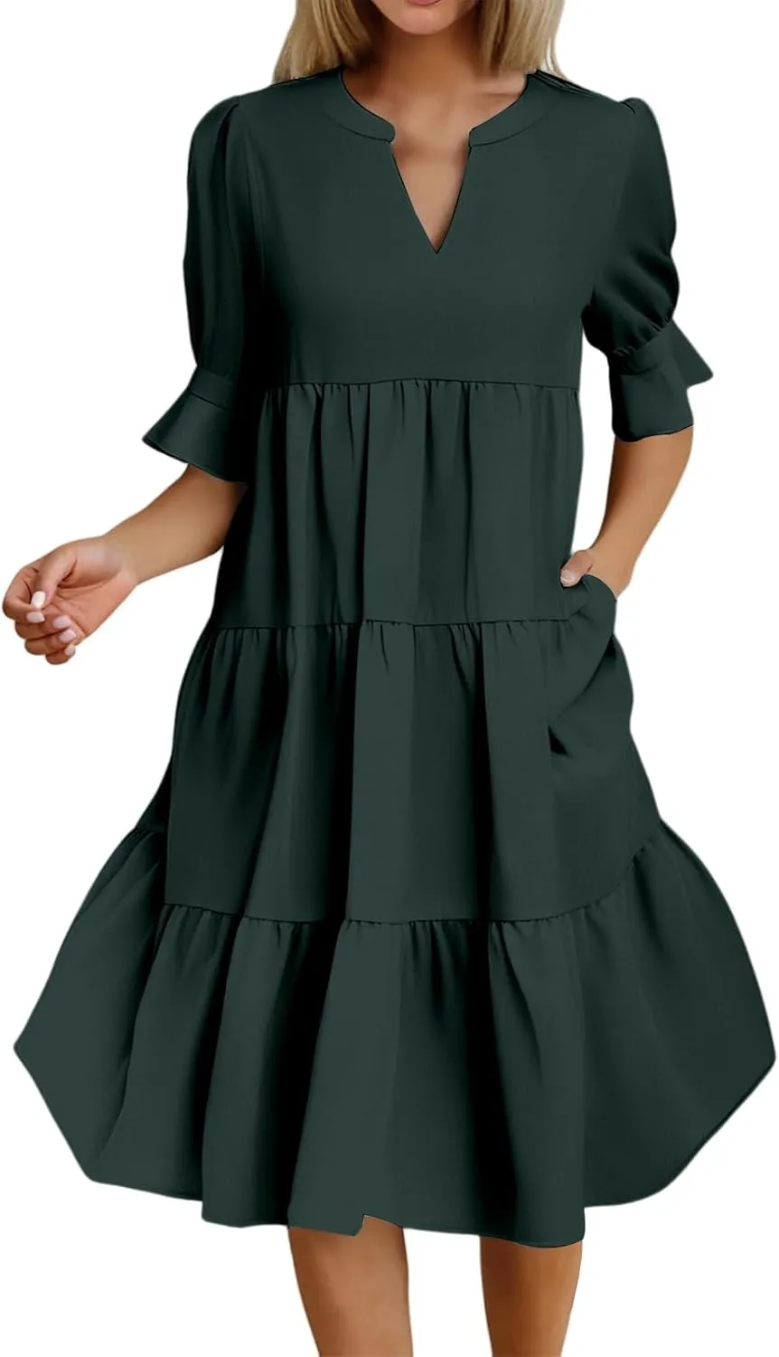 Mmoneyake Women's Summer Dresses Short Sleeve V Neck Ruffle Tiered Flowy Boho Beach Dresses Swing A Line Babydoll Mini Dress