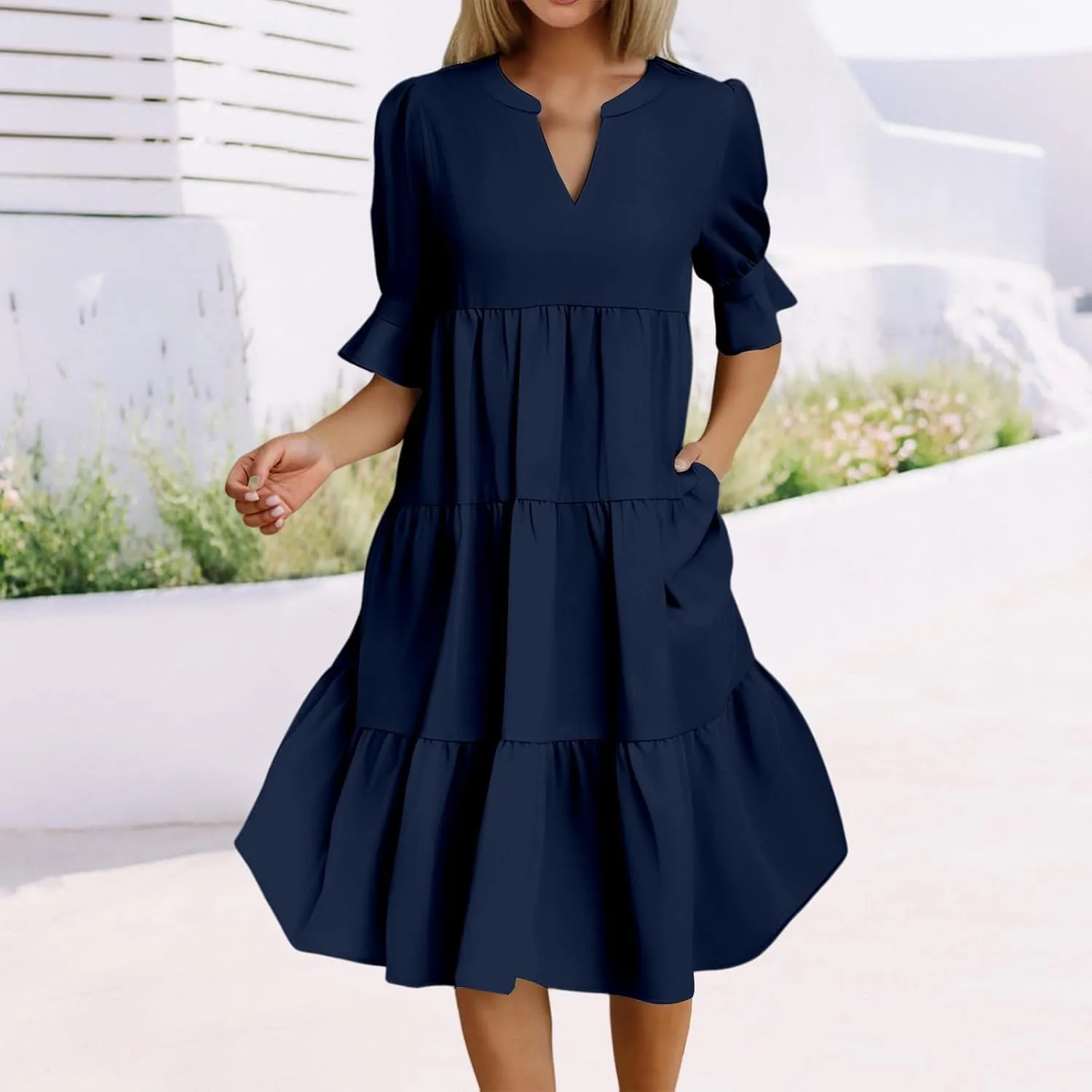 Mmoneyake Women's Summer Dresses Short Sleeve V Neck Ruffle Tiered Flowy Boho Beach Dresses Swing A Line Babydoll Mini Dress