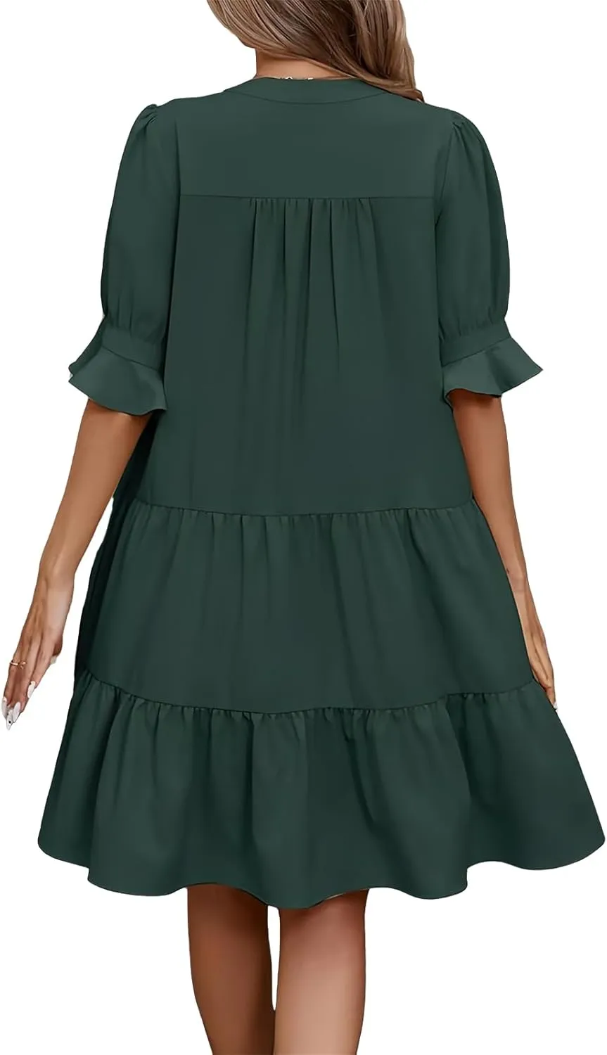 Mmoneyake Women's Summer Dresses Short Sleeve V Neck Ruffle Tiered Flowy Boho Beach Dresses Swing A Line Babydoll Mini Dress