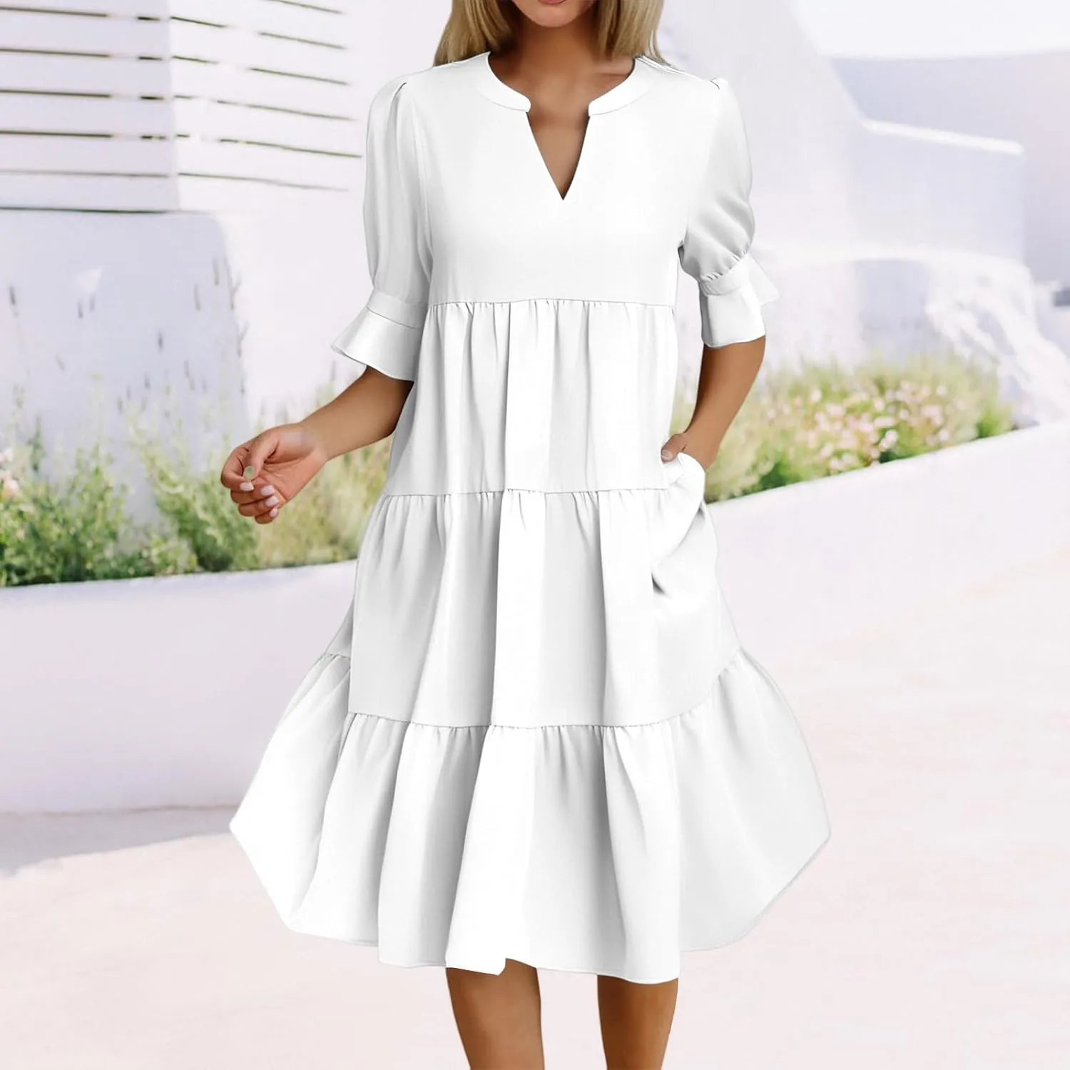 Mmoneyake Women's Summer Dresses Short Sleeve V Neck Ruffle Tiered Flowy Boho Beach Dresses Swing A Line Babydoll Mini Dress
