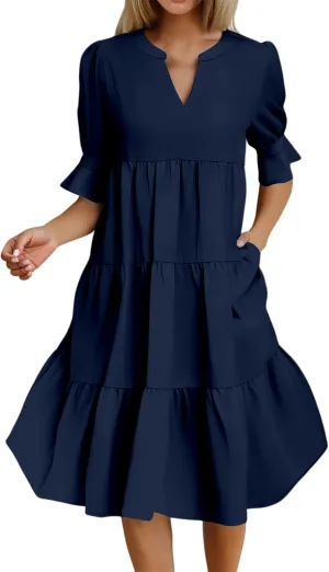 Mmoneyake Women's Summer Dresses Short Sleeve V Neck Ruffle Tiered Flowy Boho Beach Dresses Swing A Line Babydoll Mini Dress