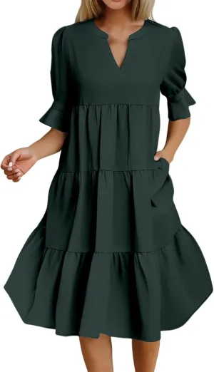 Mmoneyake Women's Summer Dresses Short Sleeve V Neck Ruffle Tiered Flowy Boho Beach Dresses Swing A Line Babydoll Mini Dress