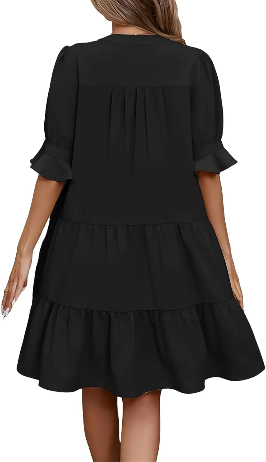 Mmoneyake Women's Summer Dresses Short Sleeve V Neck Ruffle Tiered Flowy Boho Beach Dresses Swing A Line Babydoll Mini Dress