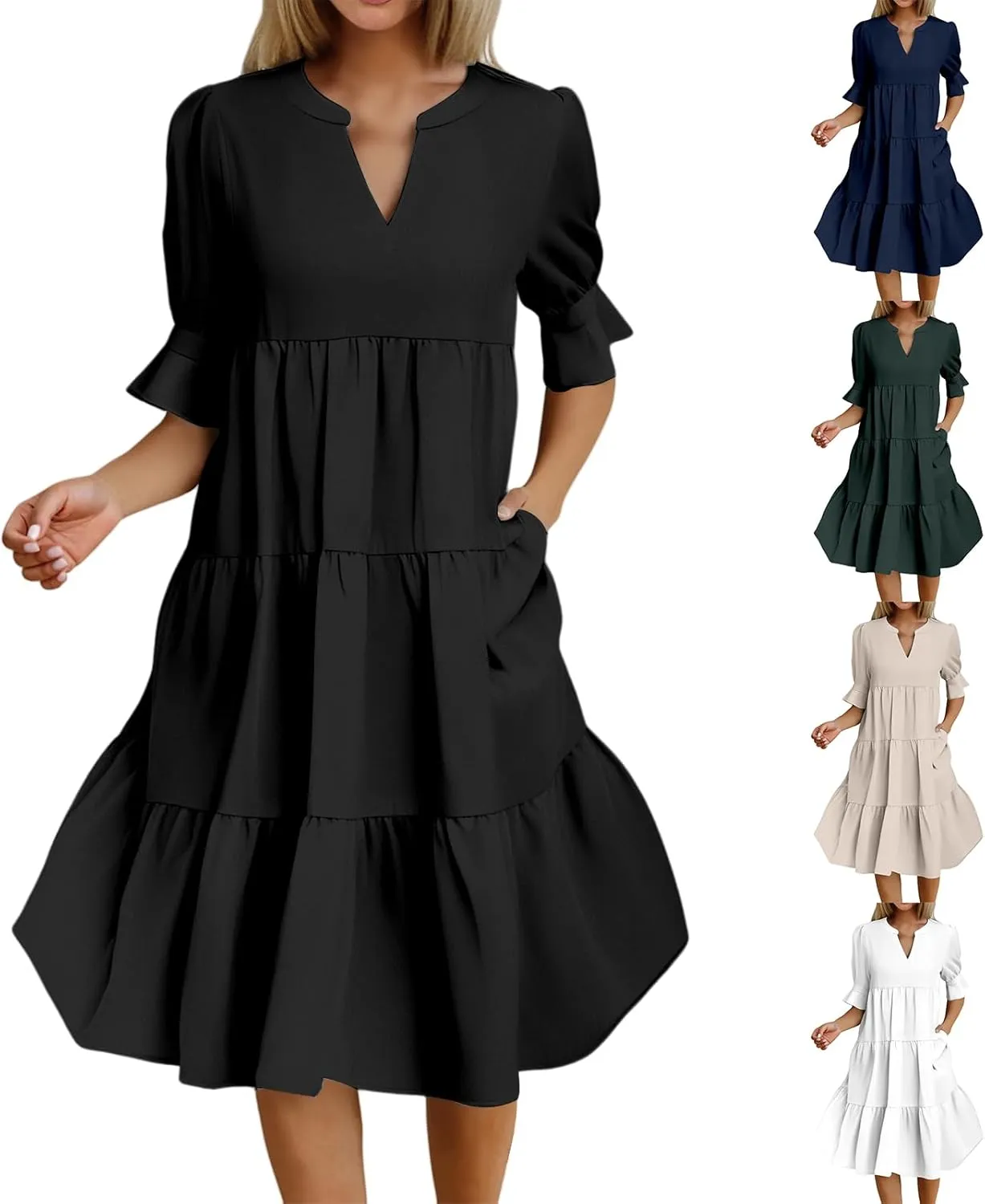 Mmoneyake Women's Summer Dresses Short Sleeve V Neck Ruffle Tiered Flowy Boho Beach Dresses Swing A Line Babydoll Mini Dress