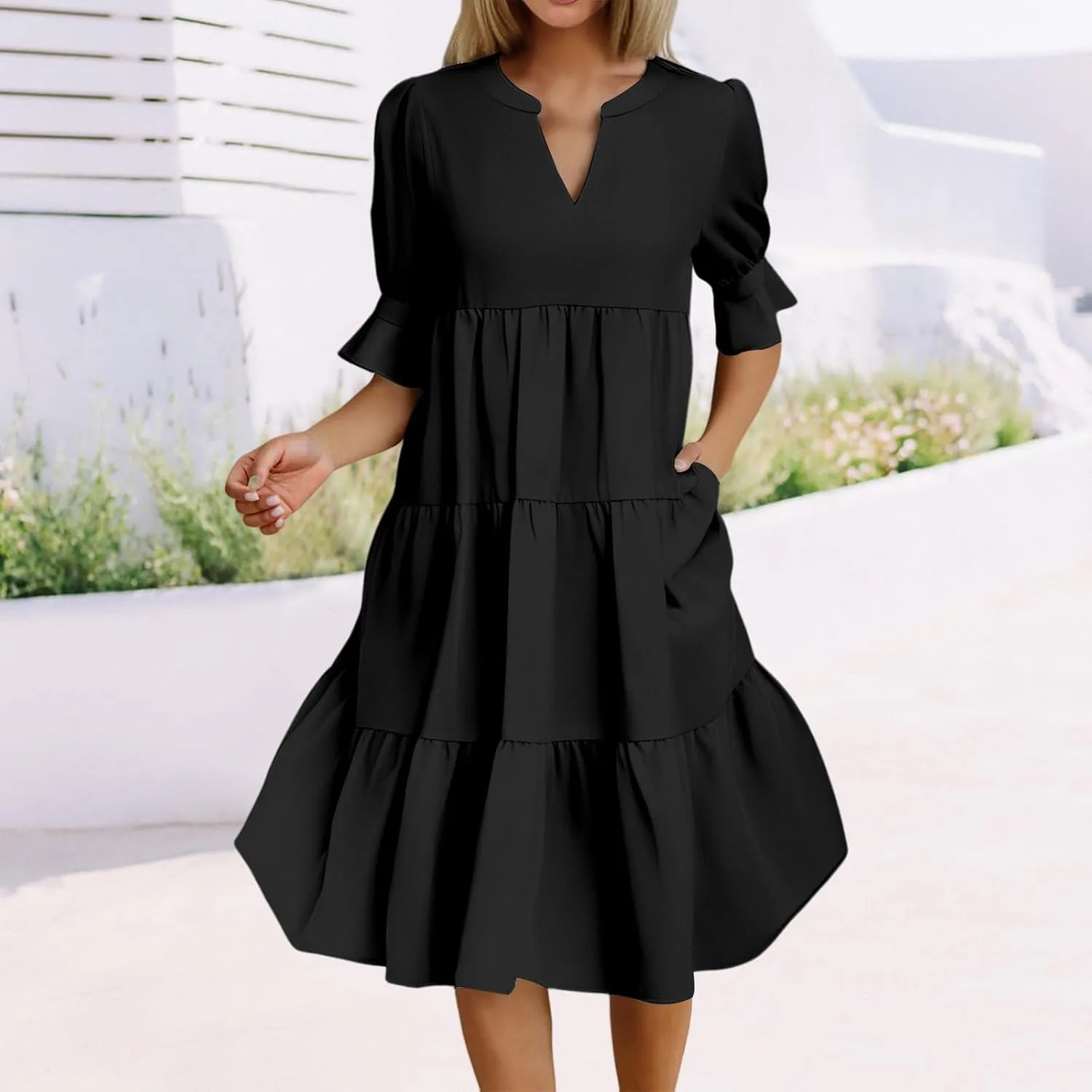 Mmoneyake Women's Summer Dresses Short Sleeve V Neck Ruffle Tiered Flowy Boho Beach Dresses Swing A Line Babydoll Mini Dress