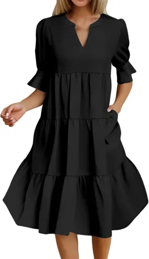 Mmoneyake Women's Summer Dresses Short Sleeve V Neck Ruffle Tiered Flowy Boho Beach Dresses Swing A Line Babydoll Mini Dress