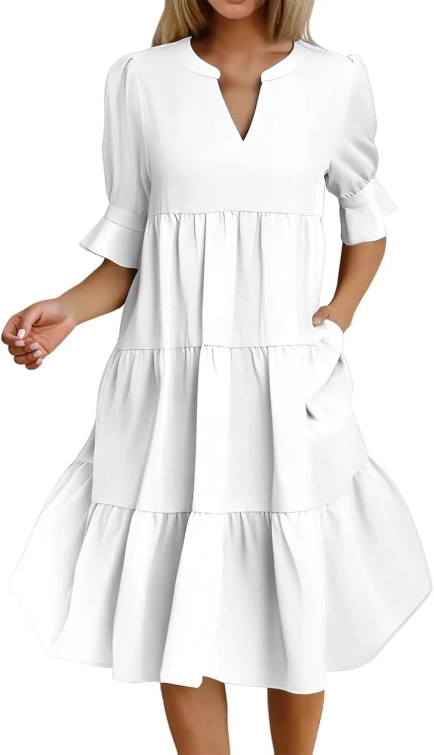 Mmoneyake Women's Summer Dresses Short Sleeve V Neck Ruffle Tiered Flowy Boho Beach Dresses Swing A Line Babydoll Mini Dress