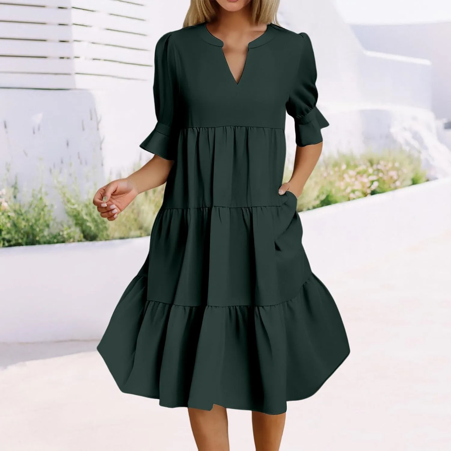 Mmoneyake Women's Summer Dresses Short Sleeve V Neck Ruffle Tiered Flowy Boho Beach Dresses Swing A Line Babydoll Mini Dress