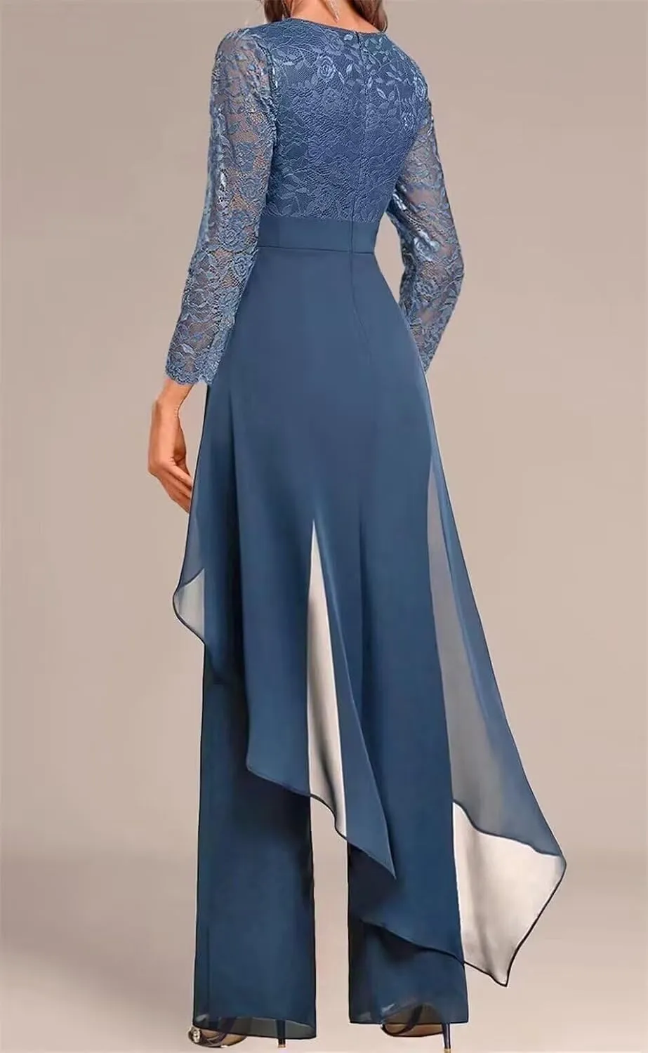 Mother of The Bride Pant Suits for Wedding Lace Chiffon Women Formal Jumpsuits Party Guest with 3/4 Sleeve PS007