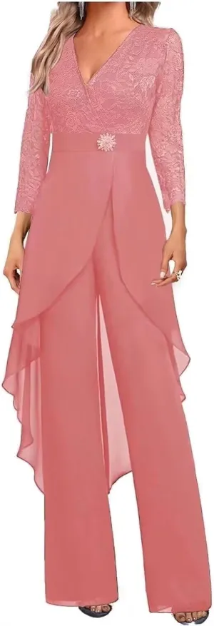 Mother of The Bride Pant Suits for Wedding Lace Chiffon Women Formal Jumpsuits Party Guest with 3/4 Sleeve PS007