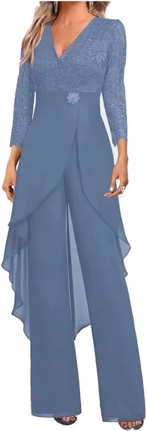 Mother of The Bride Pant Suits for Wedding Lace Chiffon Women Formal Jumpsuits Party Guest with 3/4 Sleeve PS007