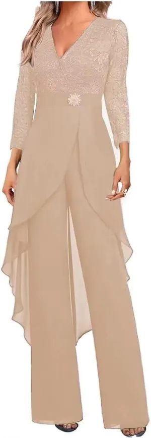 Mother of The Bride Pant Suits for Wedding Lace Chiffon Women Formal Jumpsuits Party Guest with 3/4 Sleeve PS007