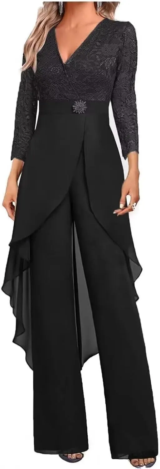 Mother of The Bride Pant Suits for Wedding Lace Chiffon Women Formal Jumpsuits Party Guest with 3/4 Sleeve PS007