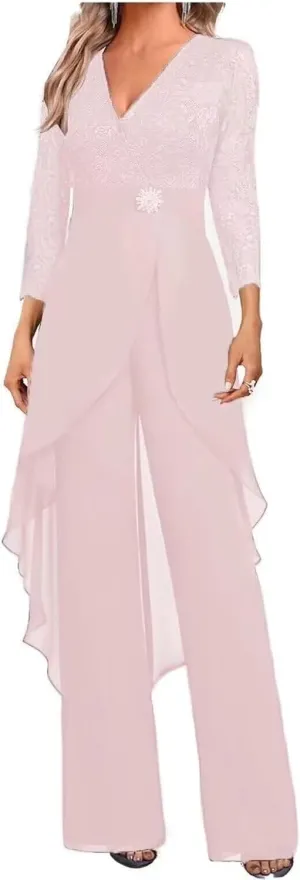Mother of The Bride Pant Suits for Wedding Lace Chiffon Women Formal Jumpsuits Party Guest with 3/4 Sleeve PS007