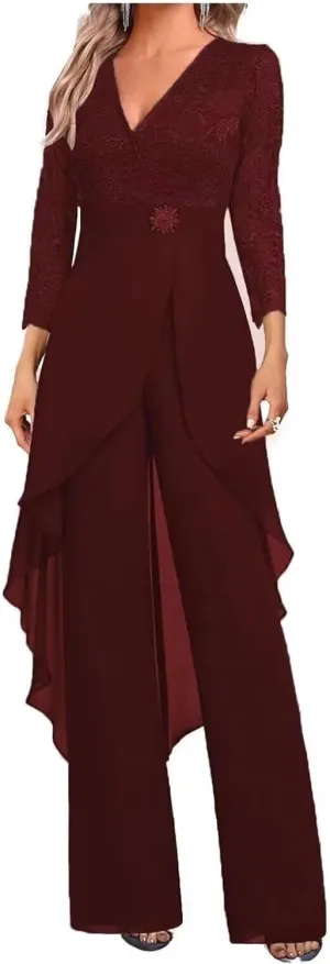 Mother of The Bride Pant Suits for Wedding Lace Chiffon Women Formal Jumpsuits Party Guest with 3/4 Sleeve PS007
