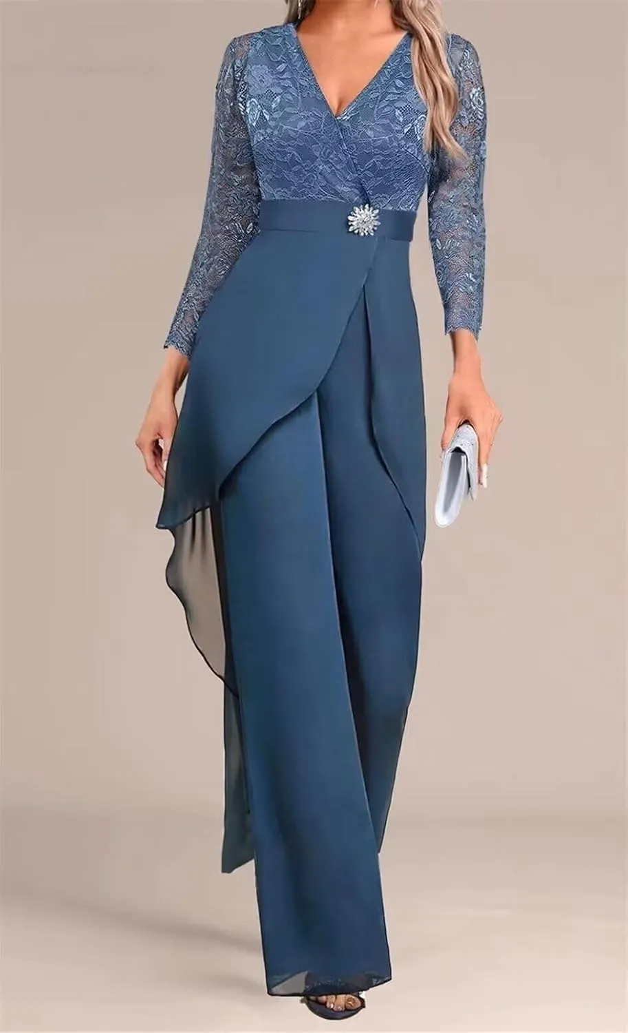 Mother of The Bride Pant Suits for Wedding Lace Chiffon Women Formal Jumpsuits Party Guest with 3/4 Sleeve PS007
