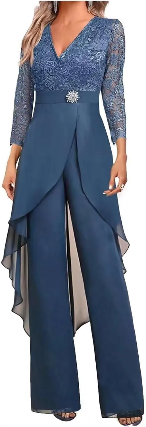 Mother of The Bride Pant Suits for Wedding Lace Chiffon Women Formal Jumpsuits Party Guest with 3/4 Sleeve PS007