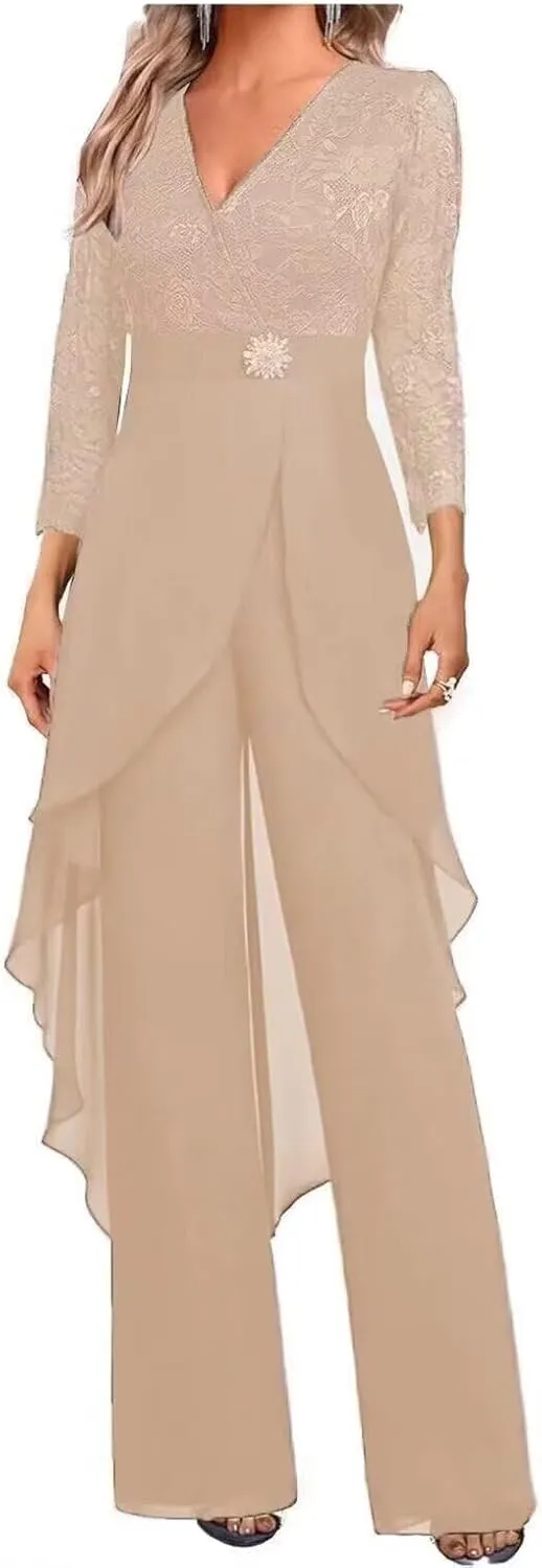 Mother of The Bride Pant Suits for Wedding Lace Chiffon Women Formal Jumpsuits Party Guest with 3/4 Sleeve PS007
